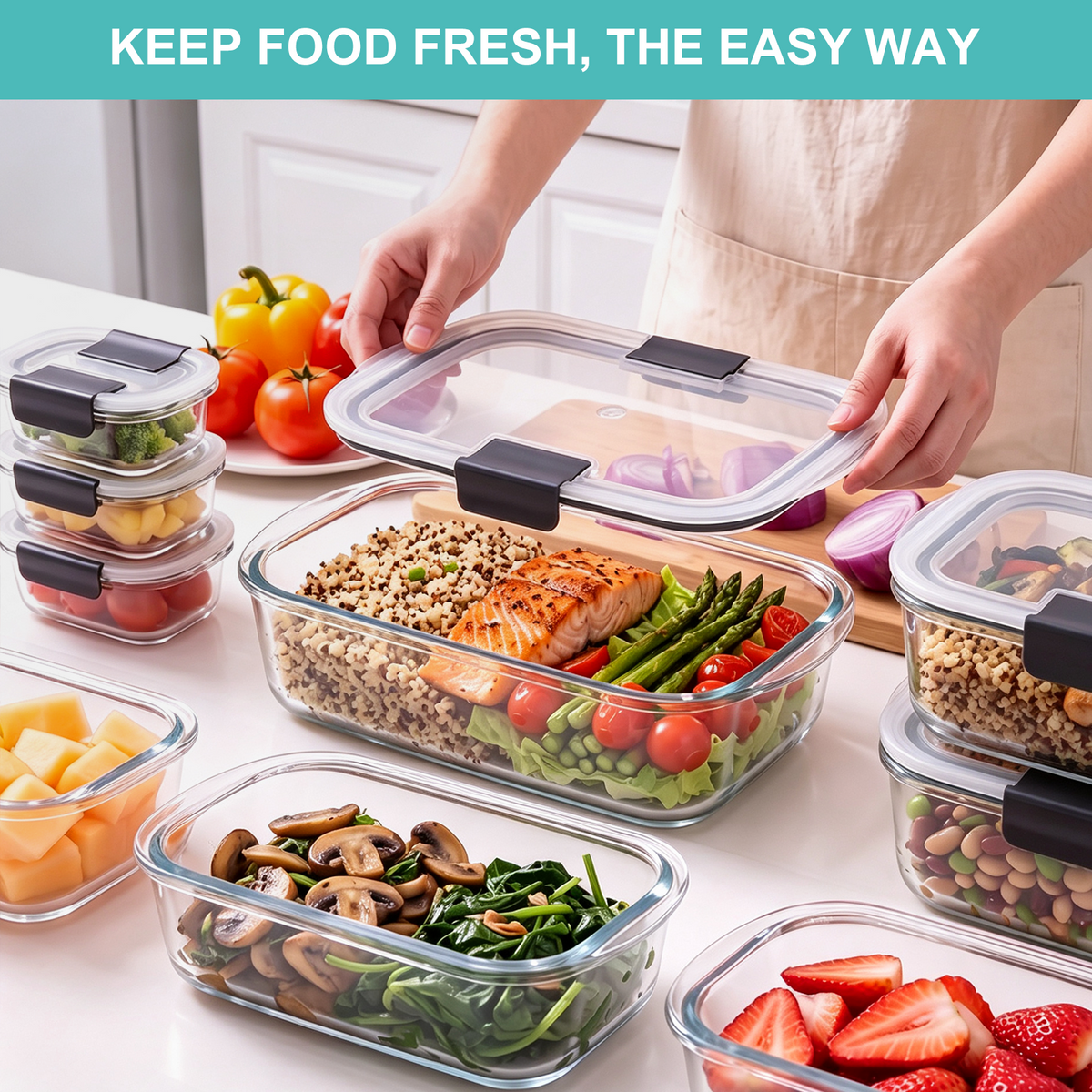 30 Pcs Glass Food Storage Containers with Lids, Glass Meal Prep Container Sets with Snap Airtight Lids, Meal Prep Containers with Sauce Cups, Microwave, Oven, Freezer & Dishwasher Safe, Leak-Proof