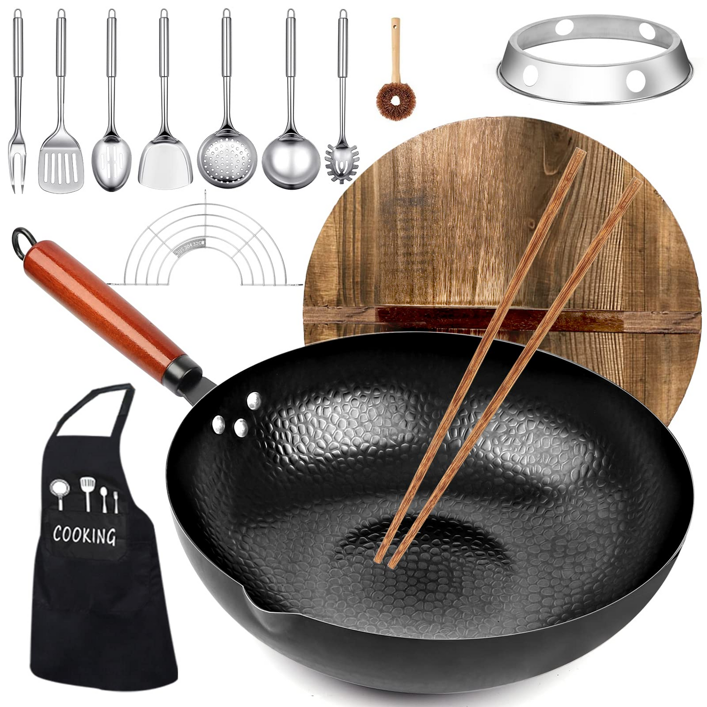 Carbon Steel Wok Pan, 14 Piece Woks & Stir-Fry Pans Set with Wooden Lid & Cookwares, Non-Stick Flat Bottom Chinese Woks Pan for Induction, 12.6''