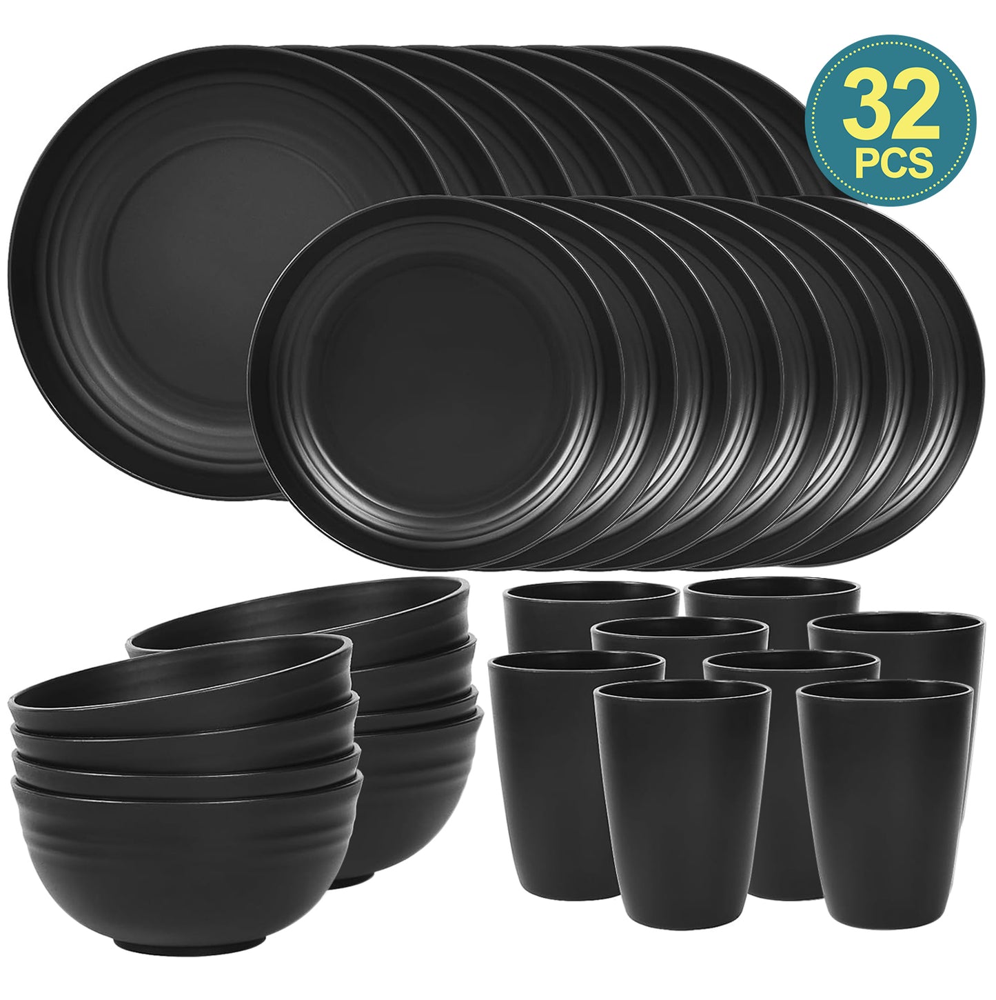 AOKIWO 32 Piece Plates and Bowls Sets for 8, Unbreakable Dinnerware Sets, Plastic Dish Set for Camping, Dishwasher Microwave Safe, Plate,Bowl Cup Set for Outdoor Kitchen Apartment, Black