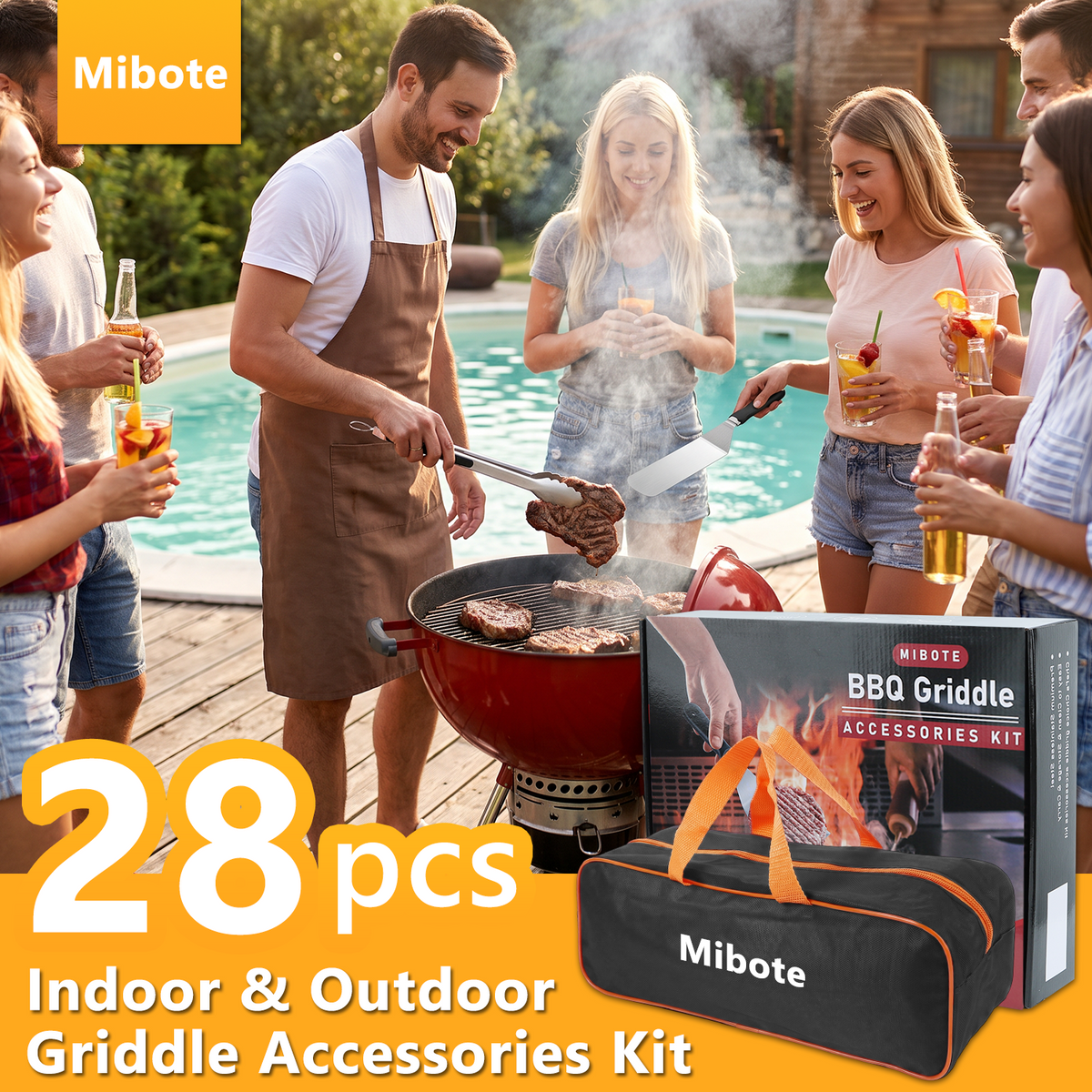 Mibote 28-Piece Griddle Accessories Kit, Flat Top Grill Tools Set with Spatula Scraper and Basting Cover, Hibachi BBQ Grilling
