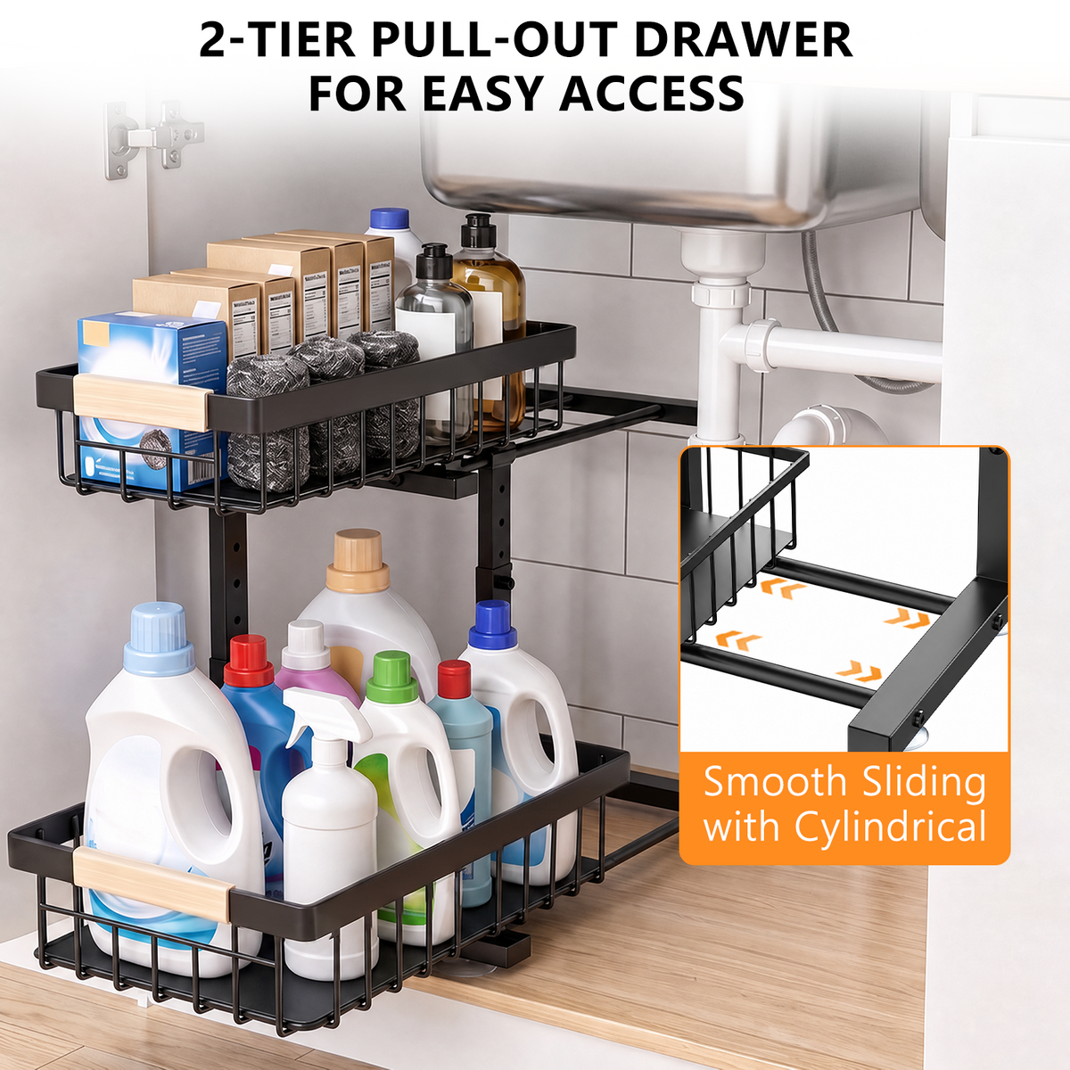 TAIMASI 2 Pack Under Sink Organizers and Storage, 2-Tier Pull Out Cabinet Organizer with Sliding Drawer, Adjustable Height Metal Bathroom Sink Organizer for Kitchen Pantry Closet, Black