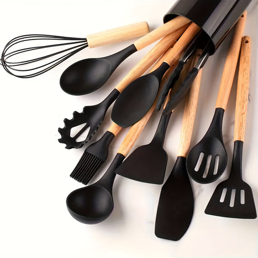 12 Pcs Silicone Kitchen Utensil Set with Wooden Handles - Non-Stick, Easy to Clean, No Electricity Needed - Ideal for Cooking, Baking, Dorms