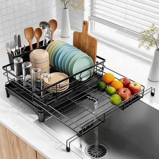Dish Drying Rack - Extendable Dish Rack, AOKIWO Large Capacity Drying Drainer for Kitchen Counter, Stainless Steel Rust-Proof with Utensil Holder, Black