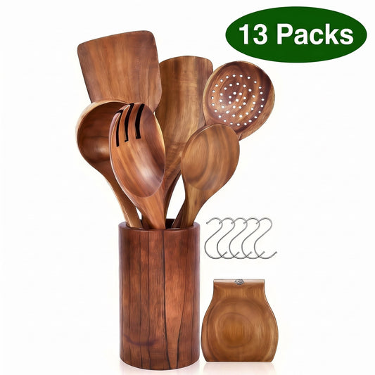 13Pcs Wooden Utensil Set with Holder, AOKIWO Natural Teak Wood Kitchen Utensil Set ,Spoons and Spatula Set with Spoon Rest, Nonstick Kitchen Cookware, Brown