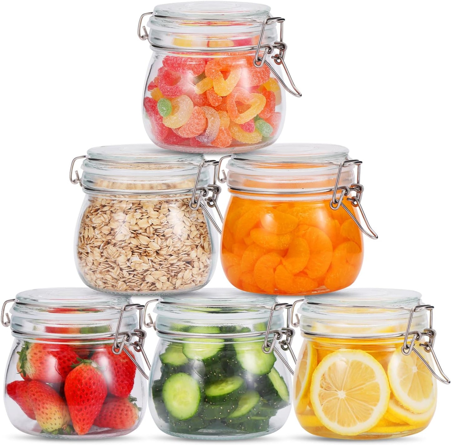6 Pack Airtight Glass Jars, TAIMASI 17oz Food Storage Jar with Airtight Clamp Lids, Small Clear Storage Container Mason Jars for Kitchen Canning Flour, Cereal, Sugar, Beans