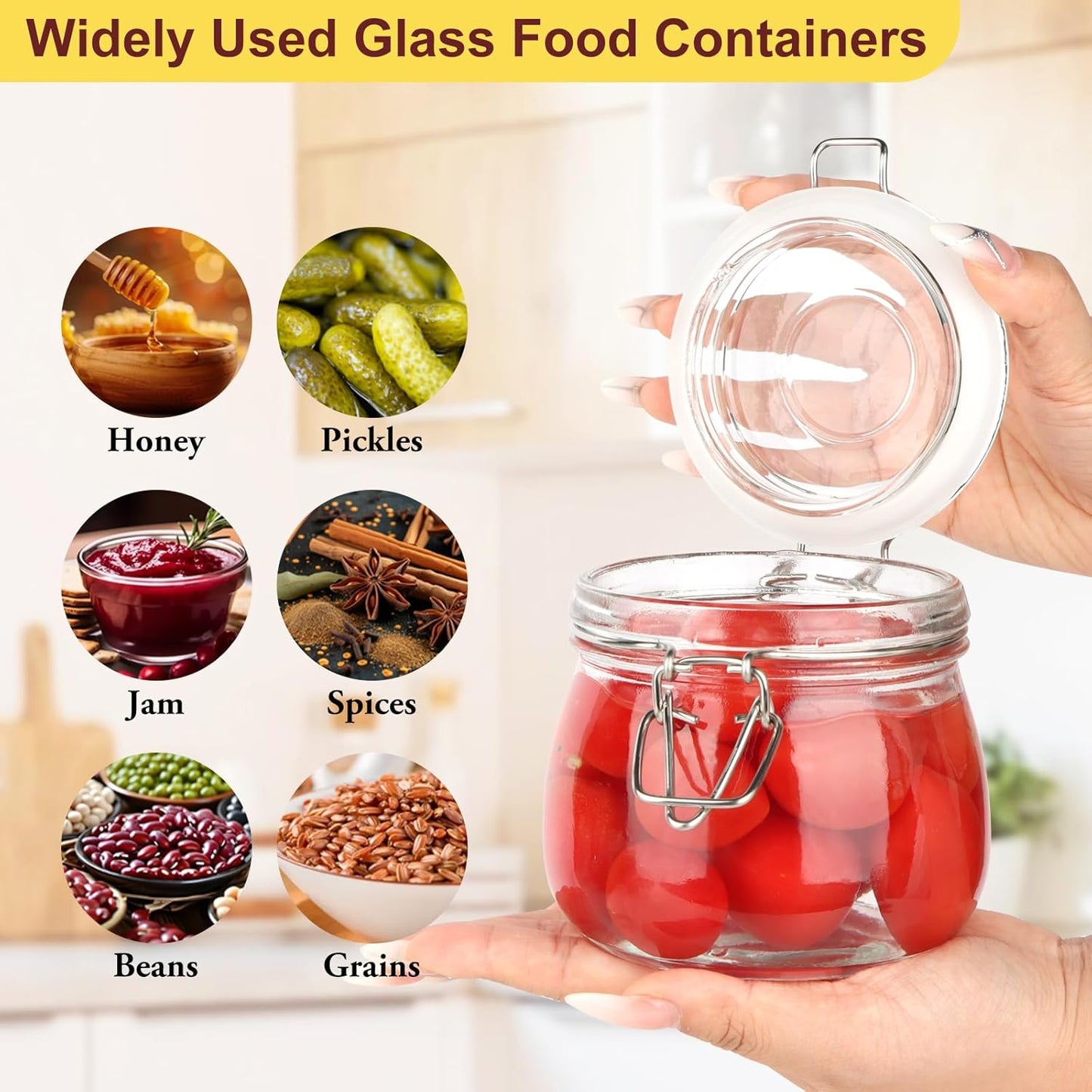 6 Pack Airtight Glass Jars, TAIMASI 17oz Food Storage Jar with Airtight Clamp Lids, Small Clear Storage Container Mason Jars for Kitchen Canning Flour, Cereal, Sugar, Beans