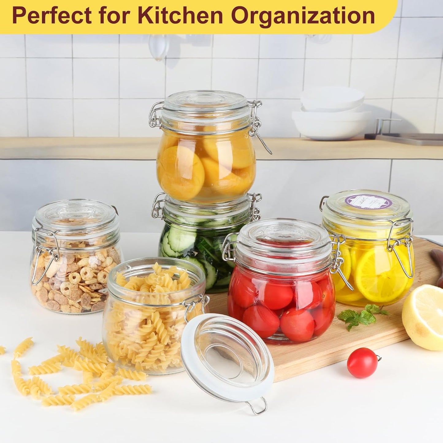 6 Pack Airtight Glass Jars, TAIMASI 17oz Food Storage Jar with Airtight Clamp Lids, Small Clear Storage Container Mason Jars for Kitchen Canning Flour, Cereal, Sugar, Beans