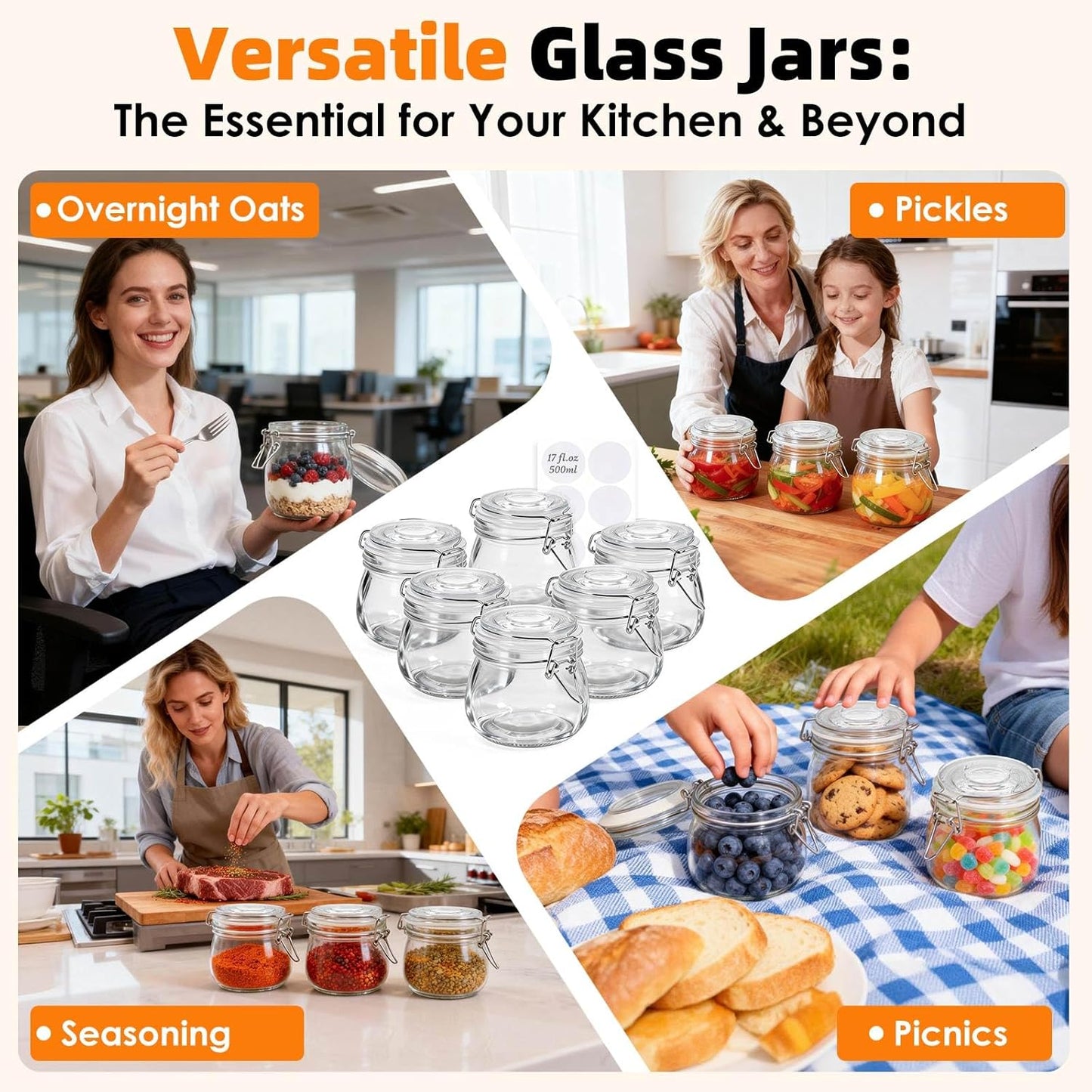 6 Pack Airtight Glass Jars, TAIMASI 17oz Food Storage Jar with Airtight Clamp Lids, Small Clear Storage Container Mason Jars for Kitchen Canning Flour, Cereal, Sugar, Beans