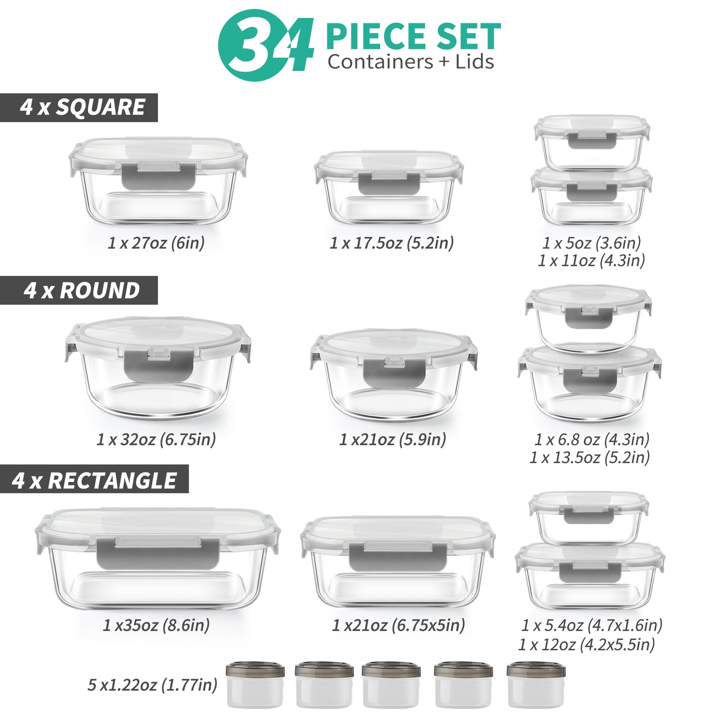 34pcs Glass Food Storage Containers with Lids Set, Airtight Meal Prep Containers (17 Containers & 17 Lids), Gray