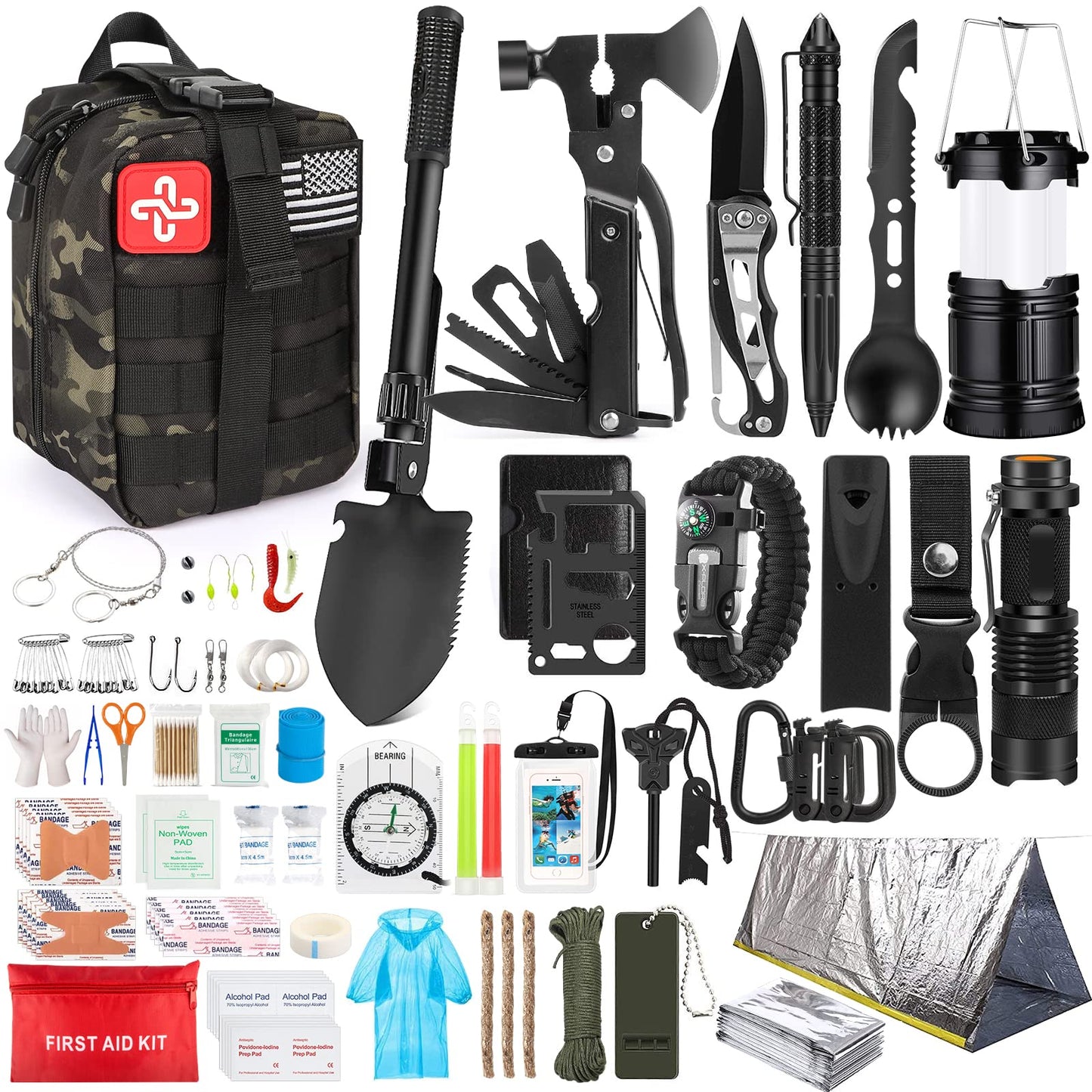 Weituo Survival Kit, 250 Pieces Professional Survival Gear with Molle System Compatible Bag and Emergency Tent, Great Christmas Gift for Men Dad Husband Who Loves Camping Outdoor Adventures