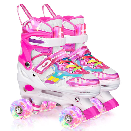 Roller Skates for Girls and Boys,4 Size Adjustable Kids Toddler Roller Skates with Light up Wheels for Toddlers Children Outdoor Indoor / Pink/M