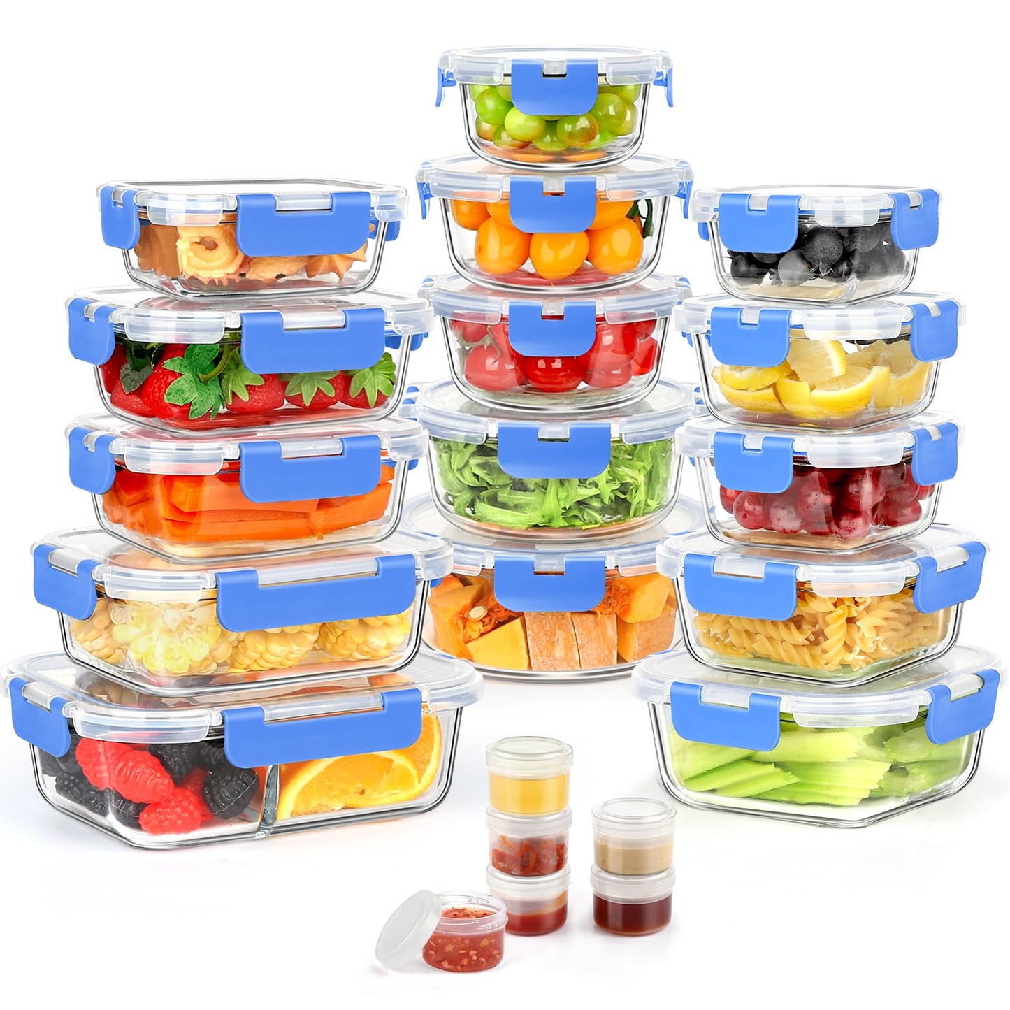 42pcs Glass Food Storage Containers with Lids Set, 21 Containers & 21 Lids Include One 2 Compartments Glass Meal Prep Containers with Snap Locking Lids, Leak Proof Lunch Containers BPA-Free,Blue