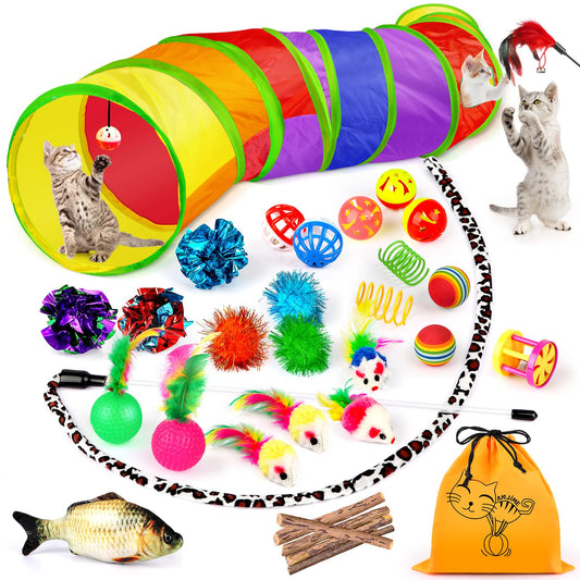 32 PCS Cat Toys Kitten Toys, Variety Catnip Toys with Rainbow Tunnel Interactive Cat Feather Teaser Spring Toy Set for Cat, Kitty