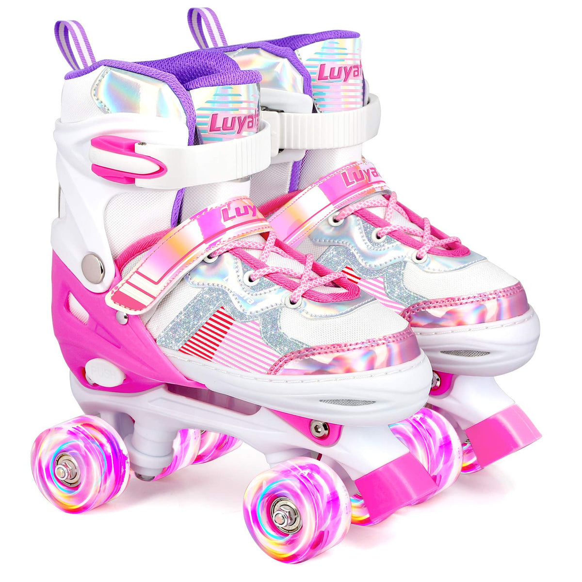 Roller Skates for Girls Boys Adjustable, 4 Size Ages 3-12 , Kids Roller Skates with Light Up 8 Shining Wheels, 3 Color Shining Roller Skates for Toddlers Boys Girls Beginners(Size 10C - 13C US)