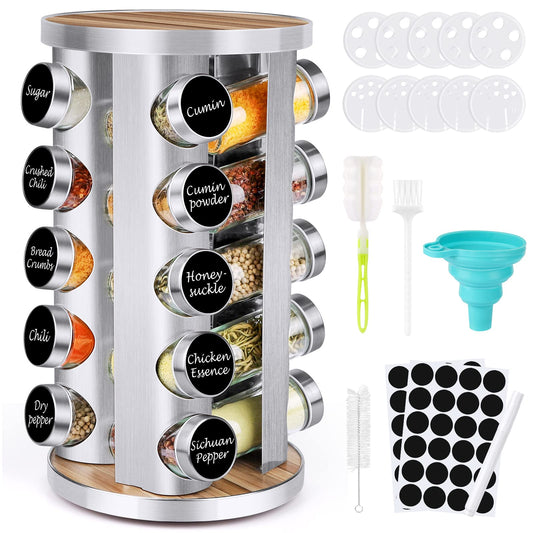 Spice Rack Organizer with Jars (20Pcs) for Cabinet Revolving / Rotating Organizer, Stainless Steel/Wooden Countertop Rack Tower Organizer for Kitchen Pantry with Reusable Labels / Funnel / Brushes