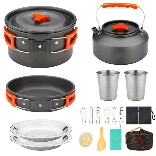 15pcs Camping Cookware Kit, 0.45Gal Pot, 7inches Pan,0.30Gal Kettle Set with 2 Set Stainless Steel Cups Plates Forks Knives Spoons for Hiking,Camping,Backpacking,Outdoor Cooking and Picnic