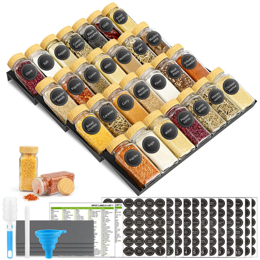 Glass Spice Drawer Organizer with 28 Spice Jars, 386 Labels, Marker & Funnel, 4 Tier Heavy Gauge Steel Seasoning Organizer Tray for Kitchen Drawer, Cabinets, Countertop,13.4" Wide x 18.7" Deep