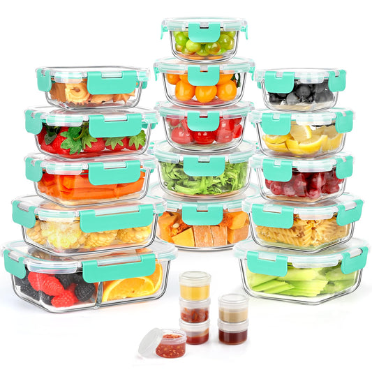 42pcs Glass Food Storage Containers with Snap Locking Lids Set, Glass Meal Prep Containers (21 Containers & 21 Lids Include One 2 Compartments),Leak Proof Lunch Containers BPA-Free,Green