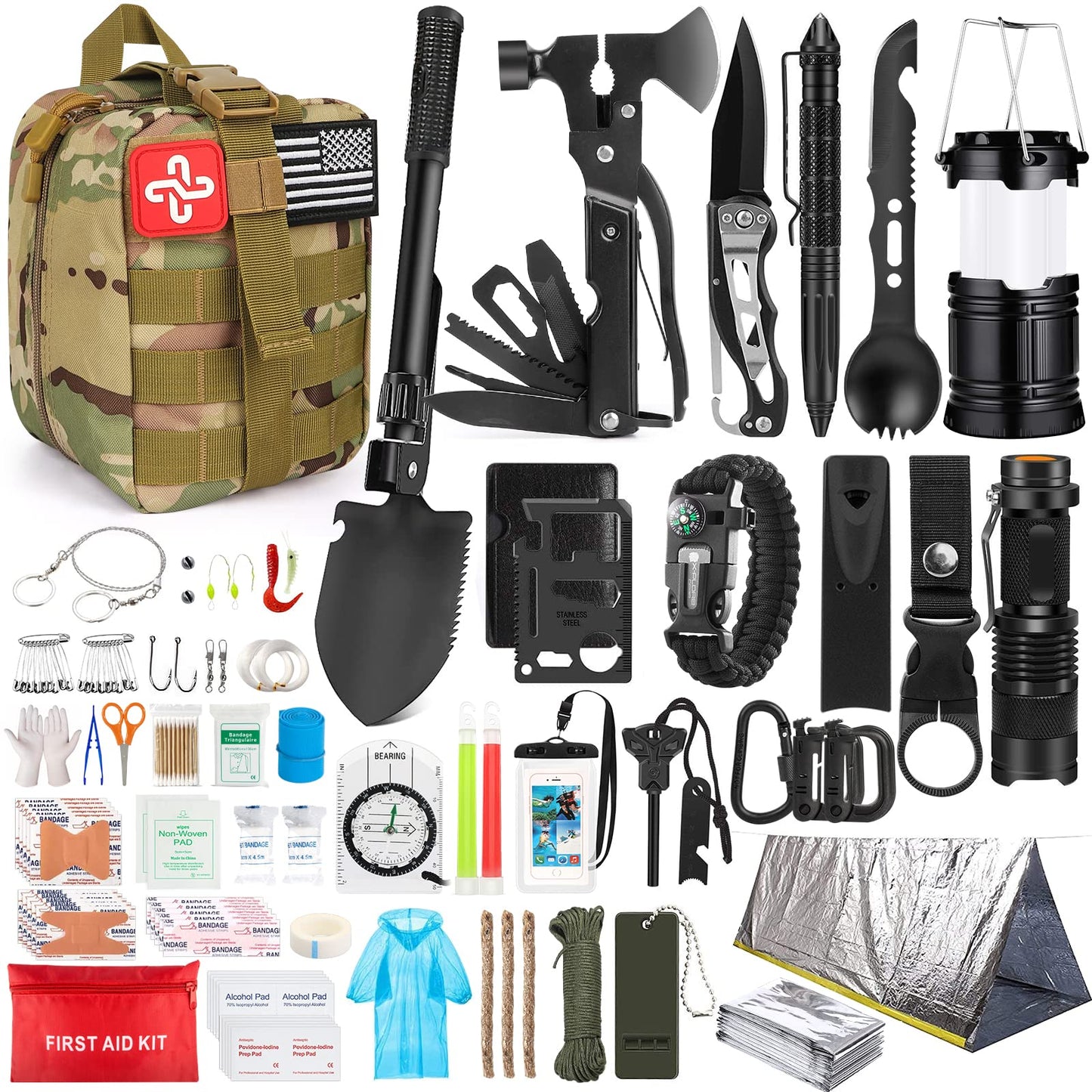 Weituo Survival Kit, 250 Pieces Professional Survival Gear with Molle System Compatible Bag and Emergency Tent, Great Christmas Gift for Men Dad Husband Who Loves Camping Outdoor Adventures