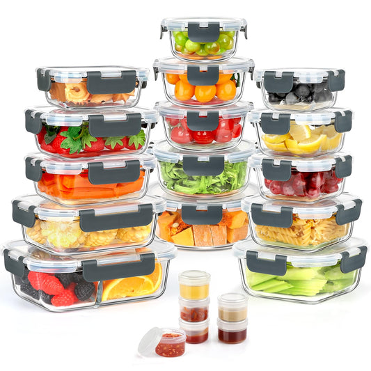 42pcs Glass Food Storage Containers with Lids Set, 21 Containers & 21 Lids Include One 2 Compartments Glass Meal Prep Containers with Snap Locking Lids Set, Leak Proof Lunch Containers BPA-Free,Grey