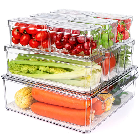 10 Pack Refrigerator Pantry Organizer Bins, Stackable Fridge Bins with Lids, Clear Plastic for Kitchen