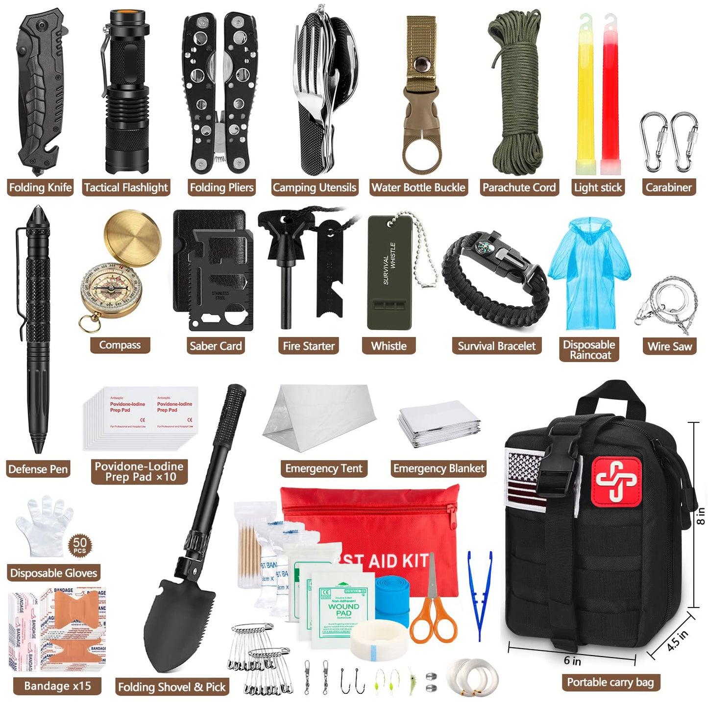 238Pcs Emergency Survival Kit and First Aid Kit, Professional Survival Gear Tool with Molle Pouch and Emergency Tent for Earthquake, Outdoor Adventure, Camping, Hiking
