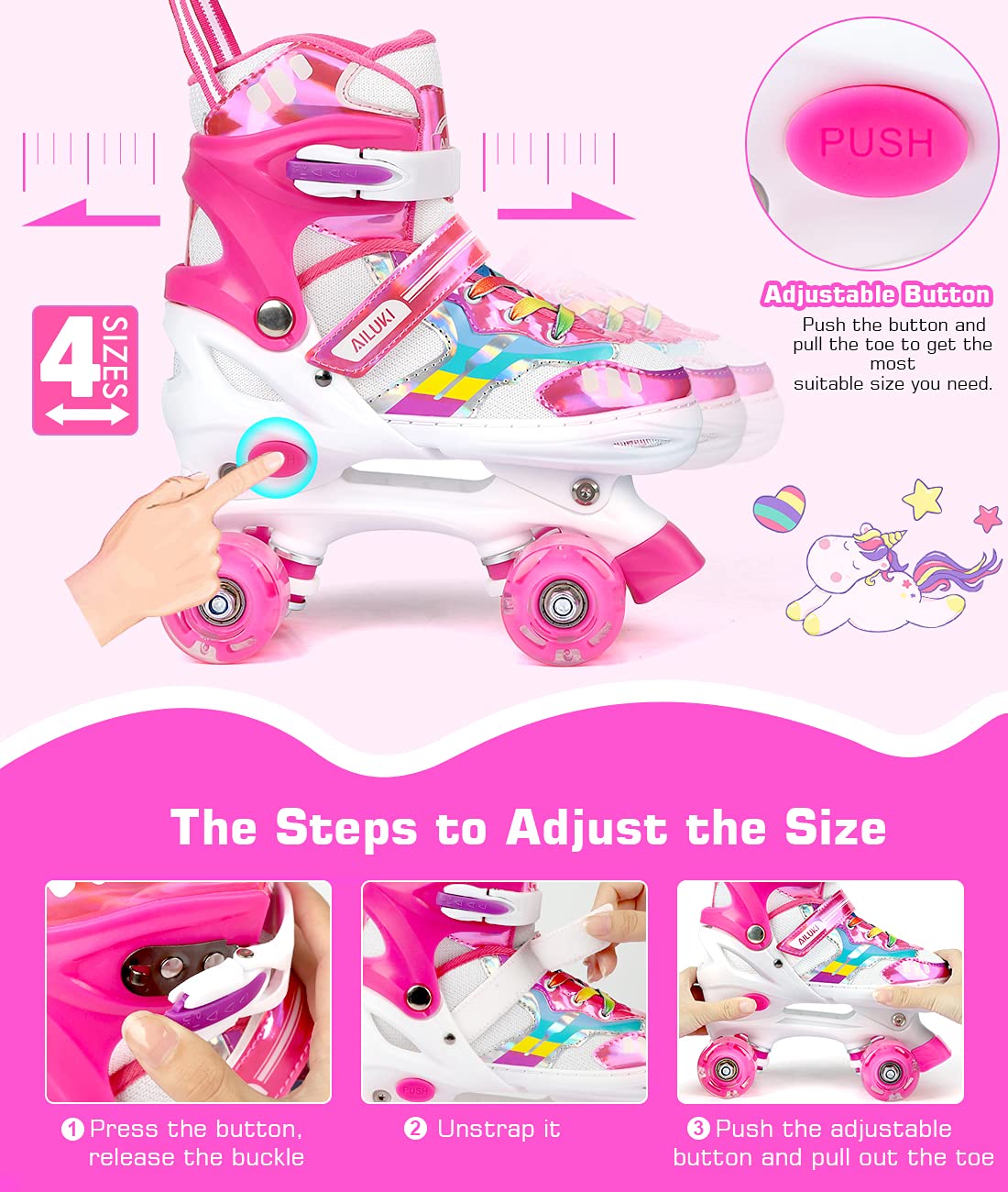 Roller Skates for Girls and Boys,4 Size Adjustable Kids Toddler Roller Skates with Light up Wheels for Toddlers Children Outdoor Indoor / Pink/S