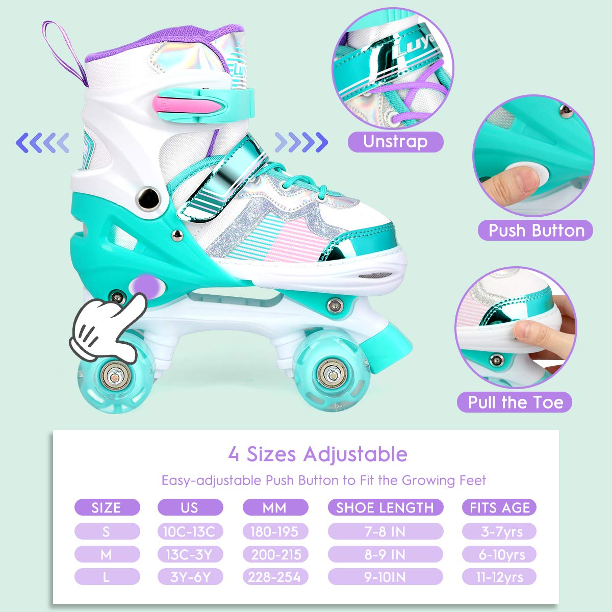 Roller Skates for Girls Boys Adjustable, 4 Size Ages 3-12 , Kids Roller Skates with Light Up 8 Shining Wheels, 3 Color Shining Roller Skates for Toddlers Boys Girls Beginners(Size 10C - 13C US)