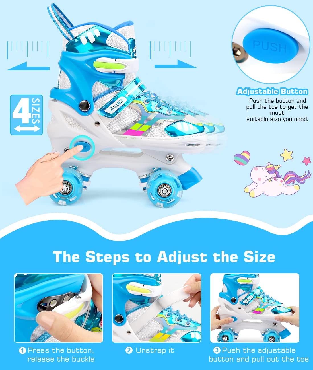 Roller Skates for Girls and Boys,4 Size Adjustable Kids Toddler Roller Skates with Light up Wheels for Toddlers Children Outdoor Indoor / Blue/L