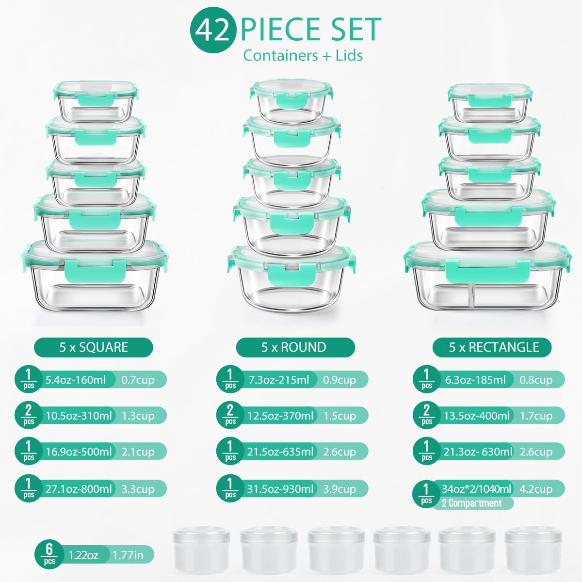 42pcs Glass Food Storage Containers with Snap Locking Lids Set, Glass Meal Prep Containers (21 Containers & 21 Lids Include One 2 Compartments),Leak Proof Lunch Containers BPA-Free,Green