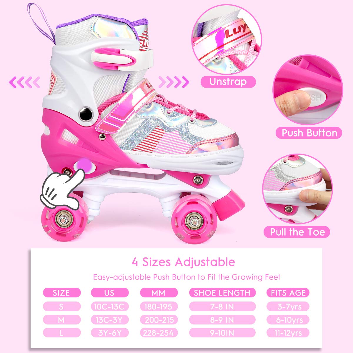 Roller Skates for Girls Boys Adjustable, 4 Size Ages 3-12 , Kids Roller Skates with Light Up 8 Shining Wheels, 3 Color Shining Roller Skates for Toddlers Boys Girls Beginners(Size 10C - 13C US)