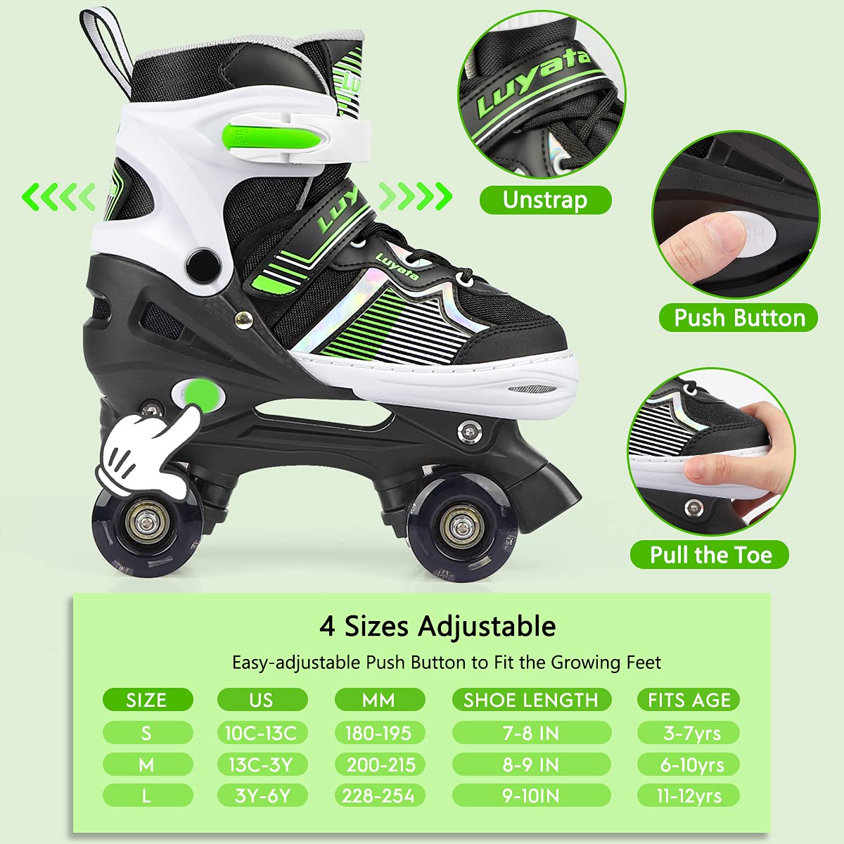 Roller Skates for Girls Boys Adjustable, 4 Size Ages 3-12 , Kids Roller Skates with Light Up 8 Shining Wheels, 3 Color Shining Roller Skates for Toddlers Boys Girls Beginners(Size 10C - 13C US)