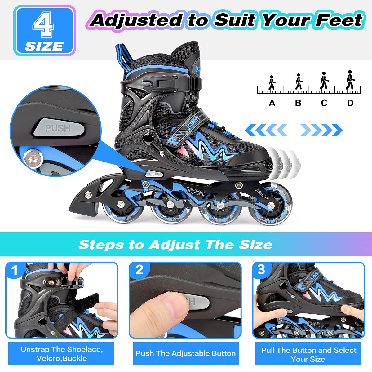 Adjustable Inline Skates for Kids and Adults, jcaeh 4 Sizes Outdoor Blades Roller Skates with Full Illuminating Light Up Wheels for Girls and Boys, Men and Women