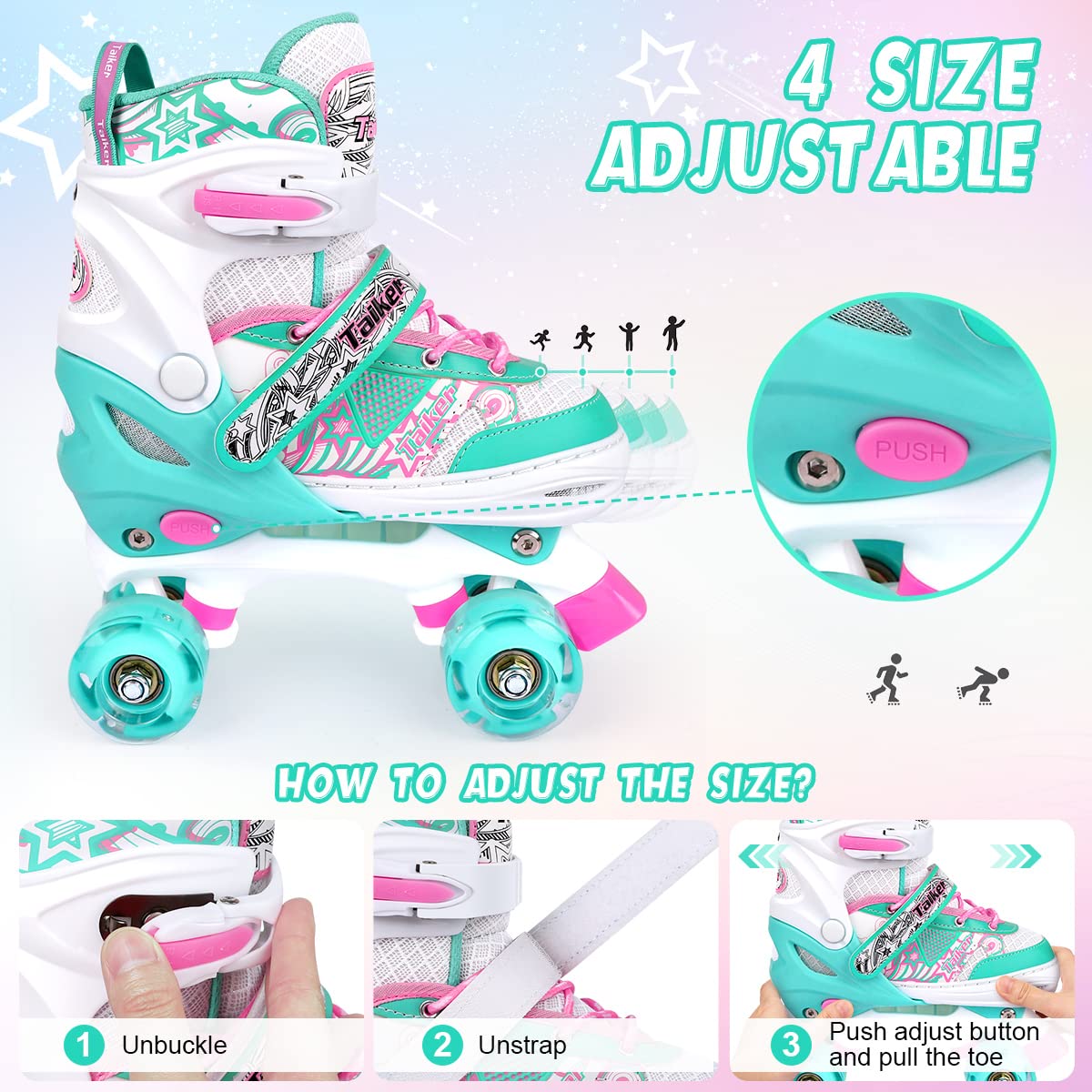 Roller Skates for Girls Boys Kids Toddler, 4 Sizes Adjustable Kids Roller Skates Outdoor Indoor with Light up Wheels