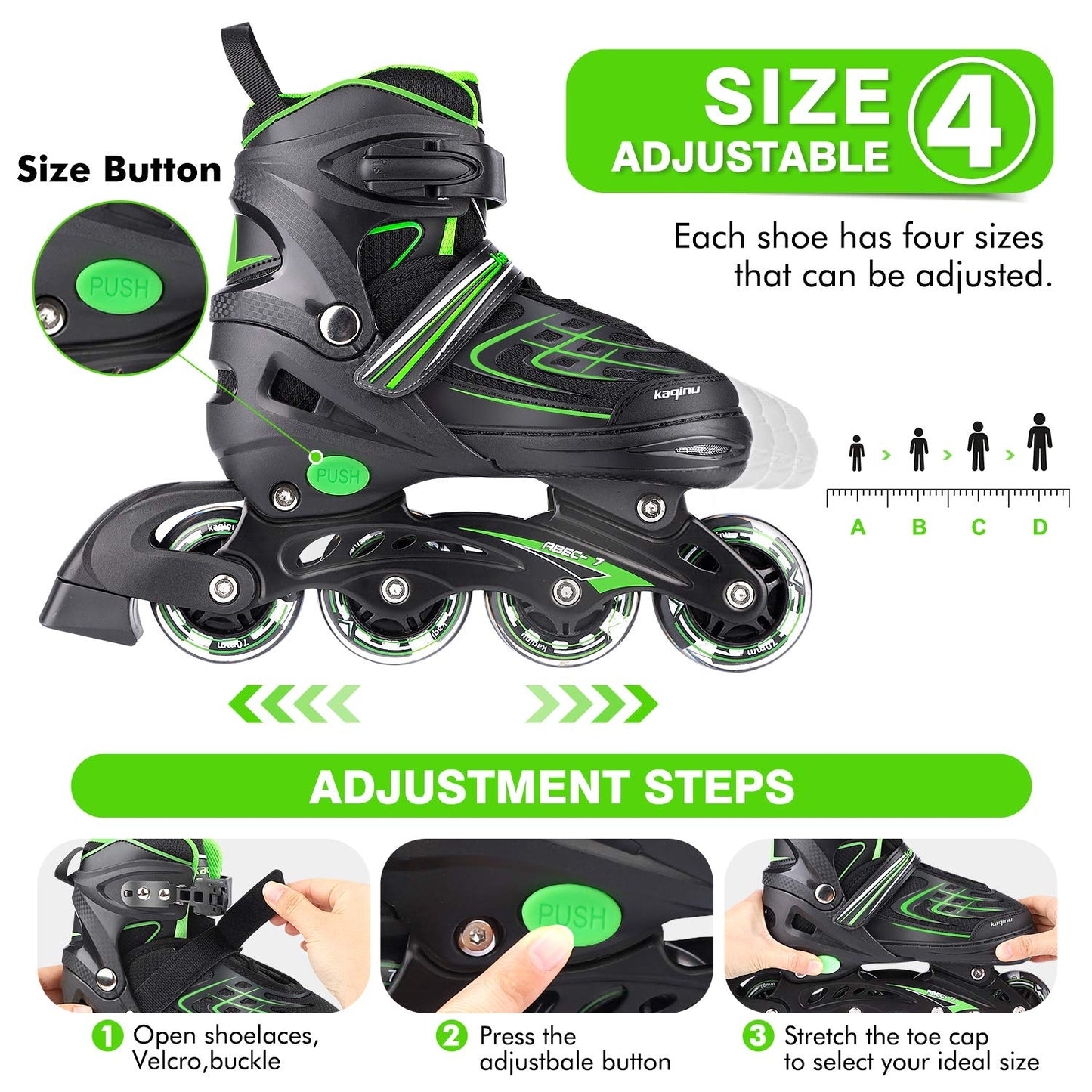 KAQINU Adjustable Inline Skates, Outdoor Inline Skates with Full Illuminating Wheels for Kids and Adults, Women, Girls and Boys