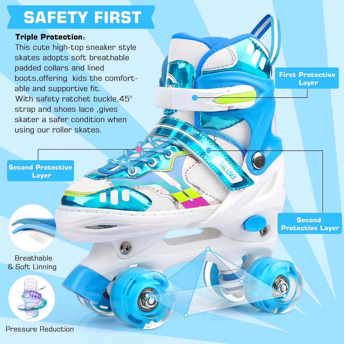 Roller Skates for Girls and Boys,4 Size Adjustable Kids Toddler Roller Skates with Light up Wheels for Toddlers Children Outdoor Indoor / Blue/L