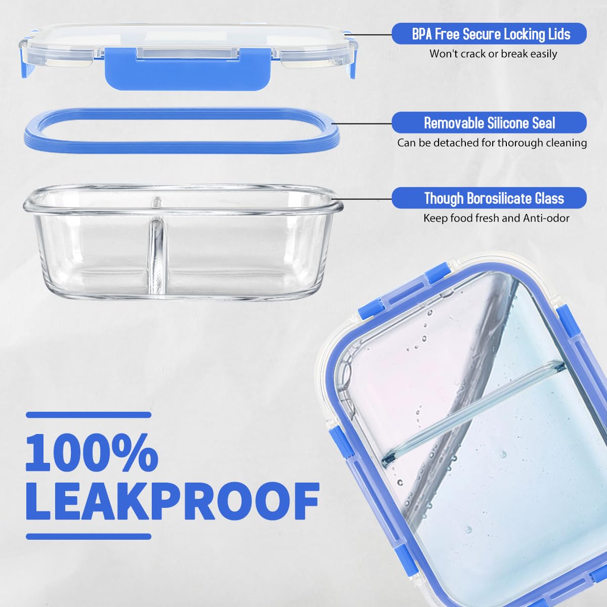 42pcs Glass Food Storage Containers with Lids Set, 21 Containers & 21 Lids Include One 2 Compartments Glass Meal Prep Containers with Snap Locking Lids, Leak Proof Lunch Containers BPA-Free,Blue