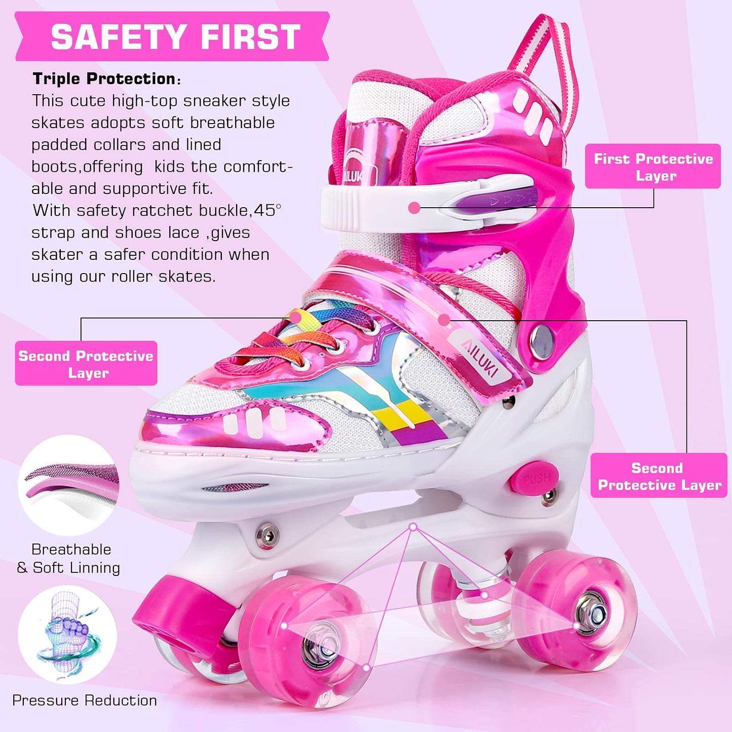 Roller Skates for Girls and Boys,4 Size Adjustable Kids Toddler Roller Skates with Light up Wheels for Toddlers Children Outdoor Indoor / Pink/M