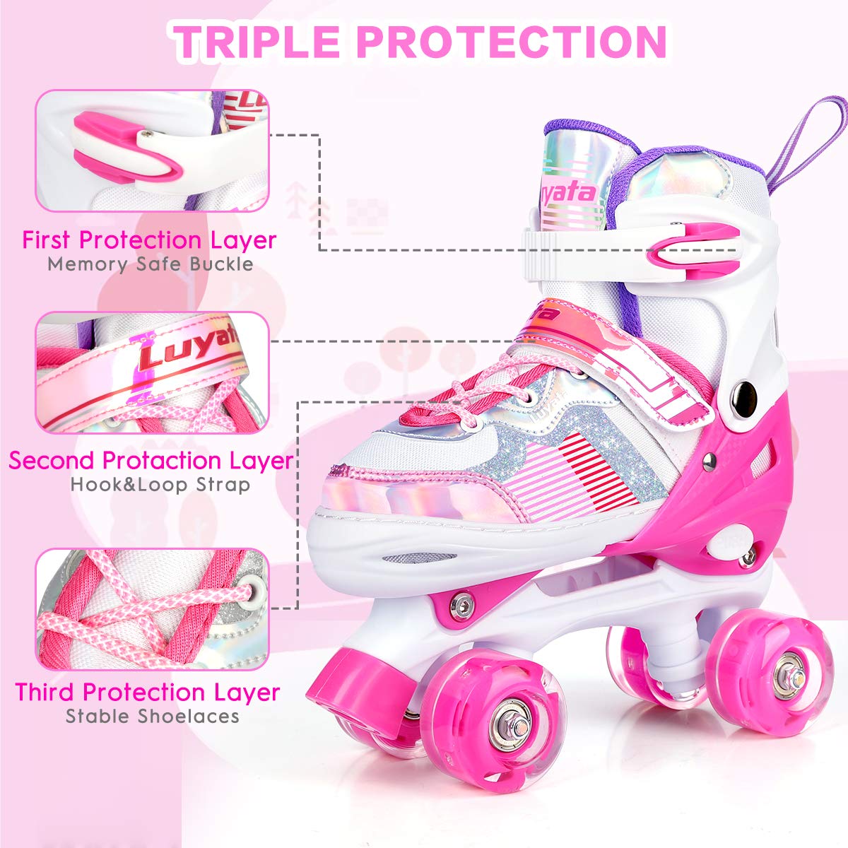 Roller Skates for Girls Boys Adjustable, 4 Size Ages 3-12 , Kids Roller Skates with Light Up 8 Shining Wheels, 3 Color Shining Roller Skates for Toddlers Boys Girls Beginners(Size 10C - 13C US)