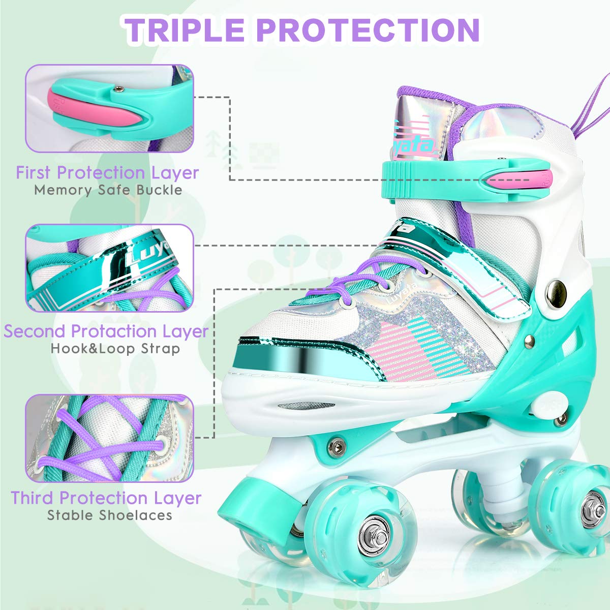 Roller Skates for Girls Boys Adjustable, 4 Size Ages 3-12 , Kids Roller Skates with Light Up 8 Shining Wheels, 3 Color Shining Roller Skates for Toddlers Boys Girls Beginners(Size 10C - 13C US)