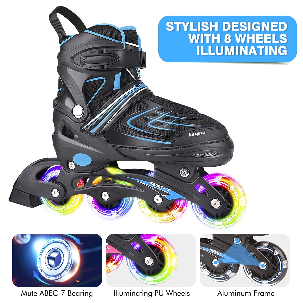 KAQINU Adjustable Inline Skates, Outdoor Inline Skates with Full Illuminating Wheels for Kids and Adults, Women, Girls and Boys