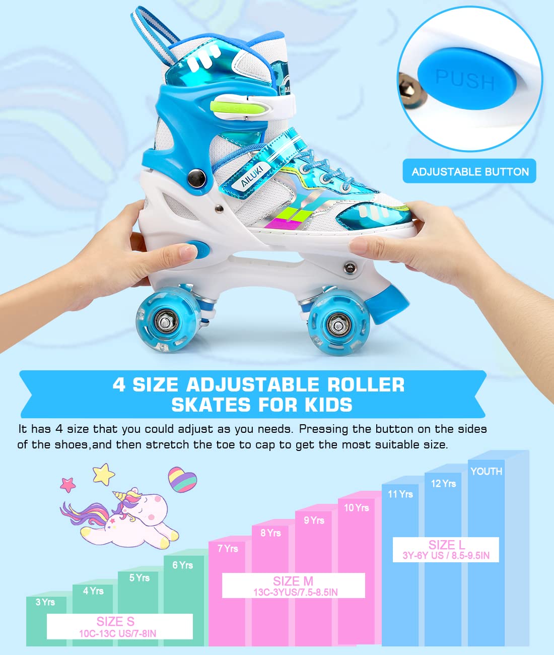 Roller Skates for Girls and Boys,4 Size Adjustable Kids Toddler Roller Skates with Light up Wheels for Toddlers Children Outdoor Indoor / Blue/S