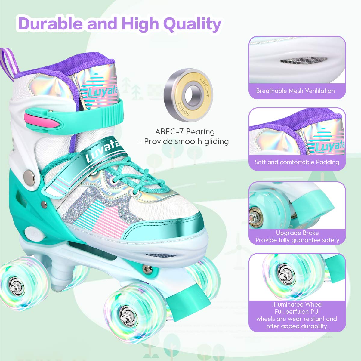 Roller Skates for Girls Boys Adjustable, 4 Size Ages 3-12 , Kids Roller Skates with Light Up 8 Shining Wheels, 3 Color Shining Roller Skates for Toddlers Boys Girls Beginners(Size 10C - 13C US)