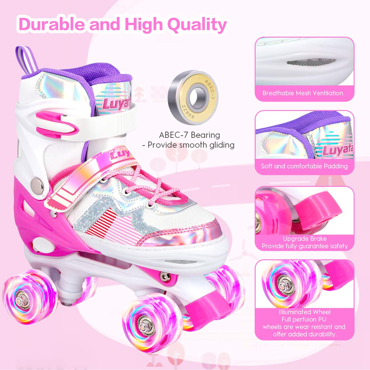 Roller Skates for Girls Boys Adjustable, 4 Size Ages 3-12 , Kids Roller Skates with Light Up 8 Shining Wheels, 3 Color Shining Roller Skates for Toddlers Boys Girls Beginners(Size 10C - 13C US)