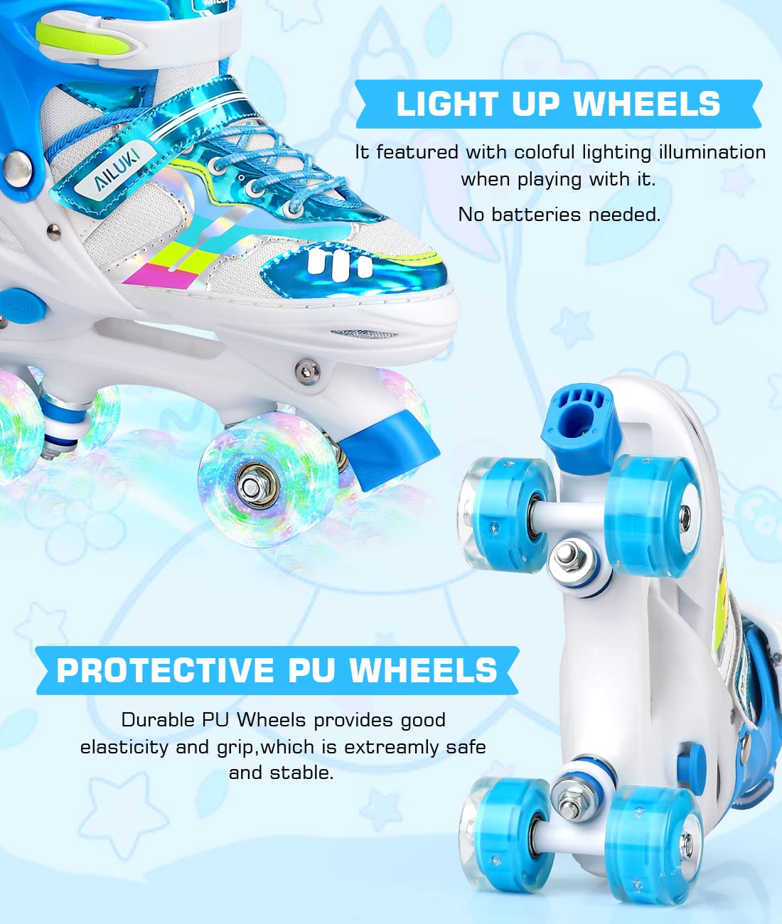 Roller Skates for Girls and Boys,4 Size Adjustable Kids Toddler Roller Skates with Light up Wheels for Toddlers Children Outdoor Indoor / Blue/L