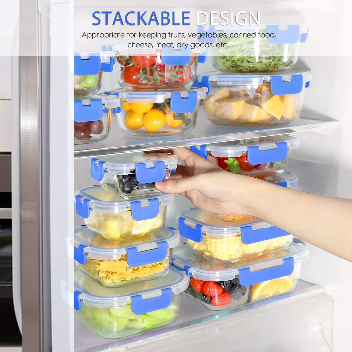 42pcs Glass Food Storage Containers with Lids Set, 21 Containers & 21 Lids Include One 2 Compartments Glass Meal Prep Containers with Snap Locking Lids, Leak Proof Lunch Containers BPA-Free,Blue