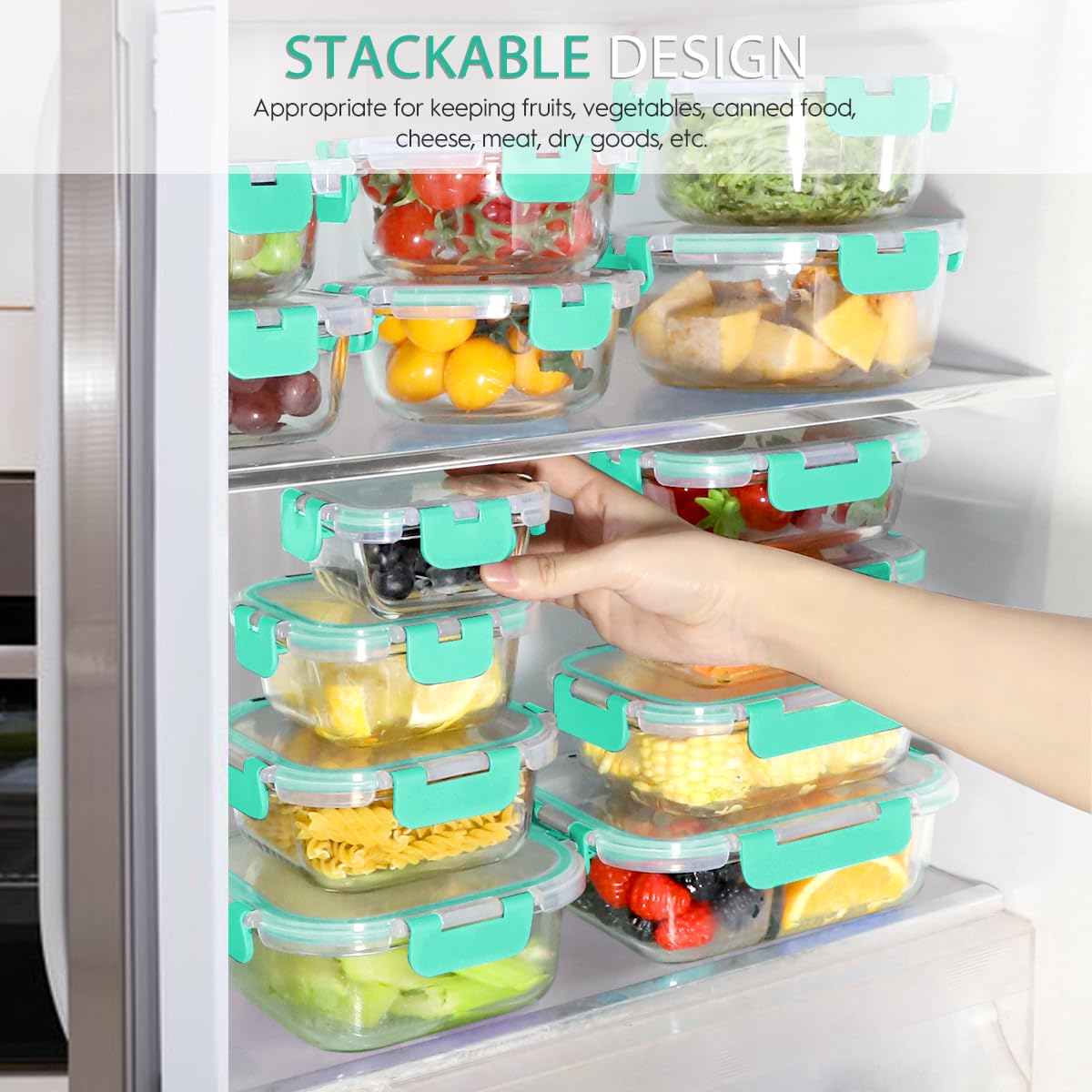 42pcs Glass Food Storage Containers with Snap Locking Lids Set, Glass Meal Prep Containers (21 Containers & 21 Lids Include One 2 Compartments),Leak Proof Lunch Containers BPA-Free,Green