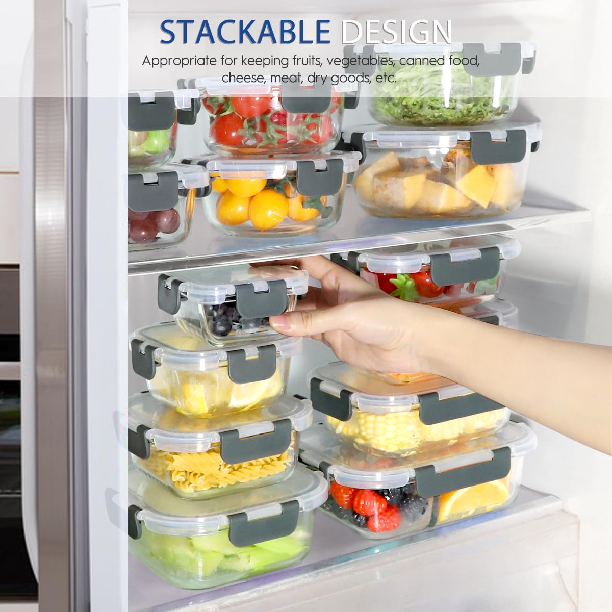 42pcs Glass Food Storage Containers with Lids Set, 21 Containers & 21 Lids Include One 2 Compartments Glass Meal Prep Containers with Snap Locking Lids Set, Leak Proof Lunch Containers BPA-Free,Grey