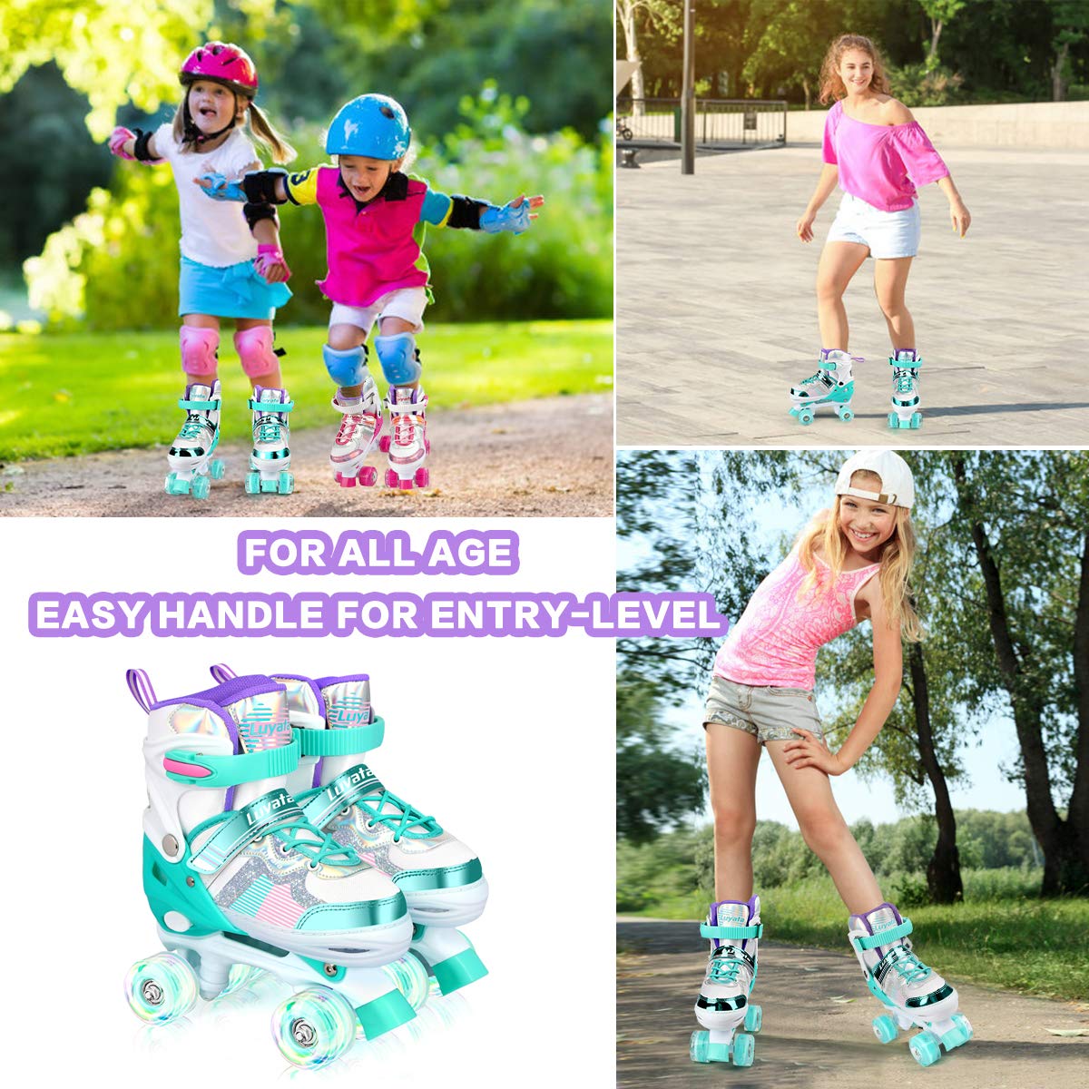 Roller Skates for Girls Boys Adjustable, 4 Size Ages 3-12 , Kids Roller Skates with Light Up 8 Shining Wheels, 3 Color Shining Roller Skates for Toddlers Boys Girls Beginners(Size 10C - 13C US)
