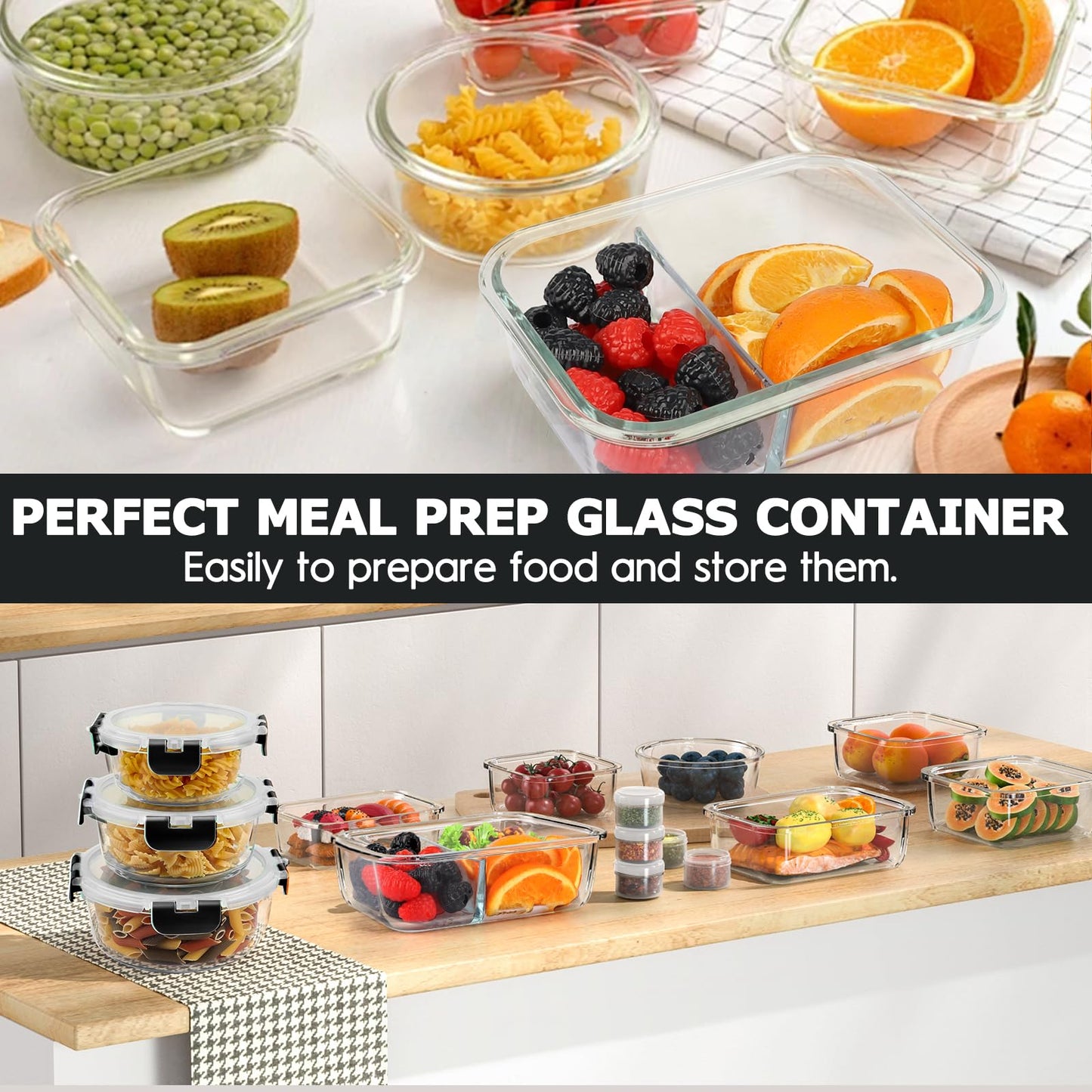 42pcs Glass Food Storage Containers with Snap Locking Lids Set, Glass Meal Prep Containers (21 Containers & 21 Lids Include One 2 Compartments),Leak Proof Lunch Containers BPA-Free,Black